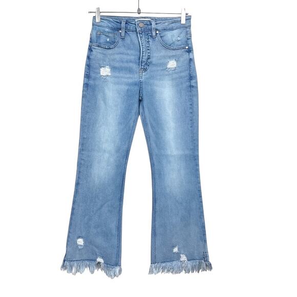 Risen Jeans Women’s Size 5 / 27 Distressed Flare Leg Fringe Hem Light Wash Denim - Picture 1 of 9